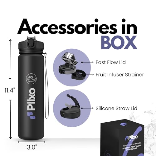 Plixo-32-Oz-Water-Bottle-with-2-Lids-Silicone-Straw-Lid-Fast-Flow-Lid-with-Fruit-Infuser-Leak-Proof-Durable-Strong-Strap-BPA-Free-Tritan-Time-Markers-Made-for-Every-Lifestyle