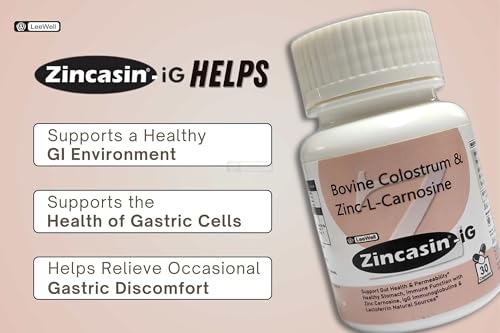 Image of Zincasin -iG Zinc L Carnosine Complex with Bovine Colostrum Powder 500mg | for Intestinal Permeability Support, Stomach Lining, Immunity Booster, Digestive Tract | Leaky gut | Gut Health supplements - 30 Vegetarian Capsules