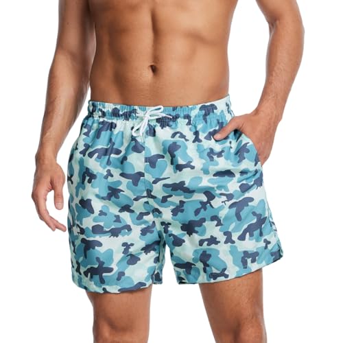 AMZSPORT Costumi da Bagno Uomo Costume Mare Impermeabili Pantaloncini Piscina Beach con Fodera in Mesh e Tasche, Verde Mimetico M