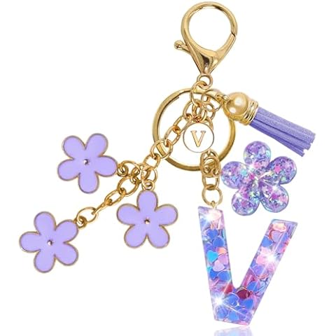 Jusen Resin Alphabet Initial Letter Keychain Tassel Flower Pendant Key Ring for Purse Handbag Car Keys (V-purple) Cover