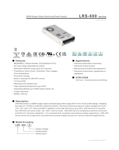 Alimentation LRS-350 à sortie unique boîtier à découpage 5V 12V 24V - 3