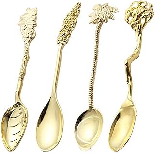 EQLEF Fun Teaspoon Set, Gold Royal Tea Spoon Gift Coffee Spoons in Coconut Tree/Leaves/Branches/Mulberry Shape for Dessert Sugar Ice Cream(4 pcs)