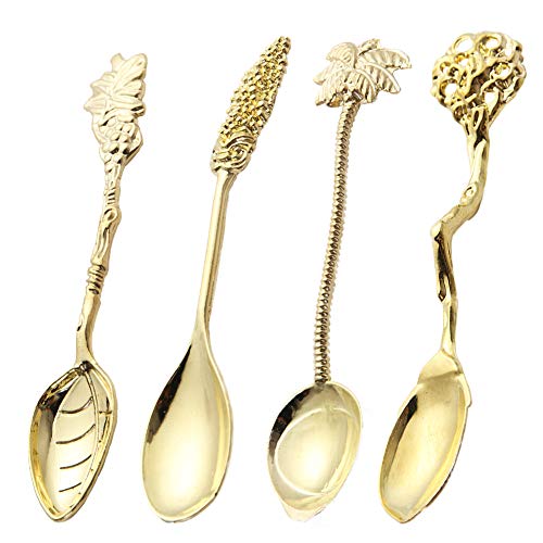 EQLEF Fun Cucharas De Café, Gold Royal Tea Spoon Gift Cucharas de café en cocotero Hojas Ramas Forma de Mora para Postre Helado de azúcar (4 Piezas)