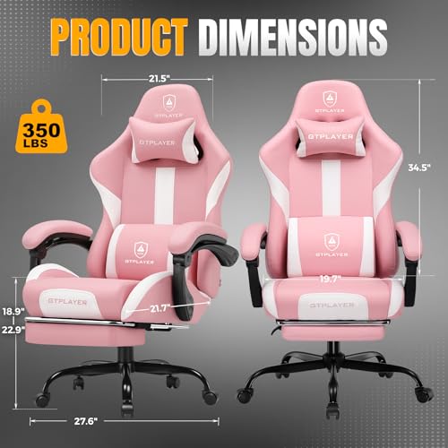Image of GTPLAYER Gaming Chair with Pocket Spring Cushion, Leather Office Chair with Ergonomic High Back & Lumbar Support for Back Pain Relief, Computer Game Chair for Adults, Pink