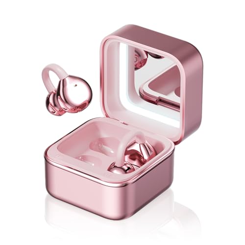 Image of Clip On Ear Headphones with a Makeup Mirror, Open Ear Earbuds Wireless Bluetooth Earbuds,Ultra-Long Battery Life, for Android /iOS Phones (Rose Gold)