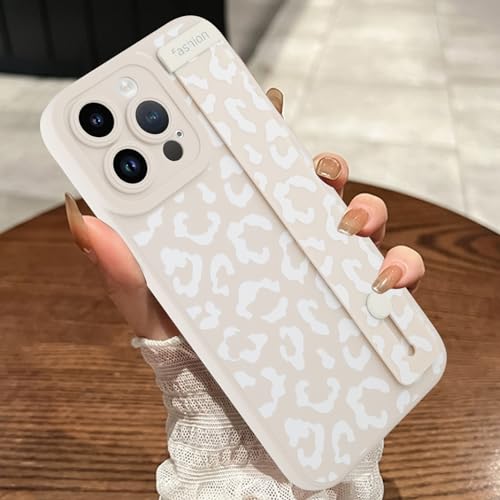 MOWIME Compatible with iPhone 14 Pro Max Case with Strap Wrist, Cheetah Print Shockproof Soft TPU Protective Cover for Women Girls, Slim Anti Scratch Case for iPhone 14 Pro Max 6.7 Inch, White