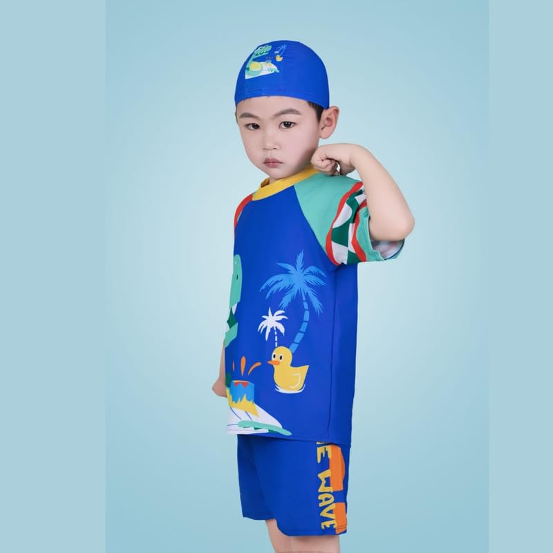 JMT Wear Swimming Costume for Boys I T-Shirt Shorts and Cap Three-Piece Swimsuit (Wavy Blue, 6-7 Years)
