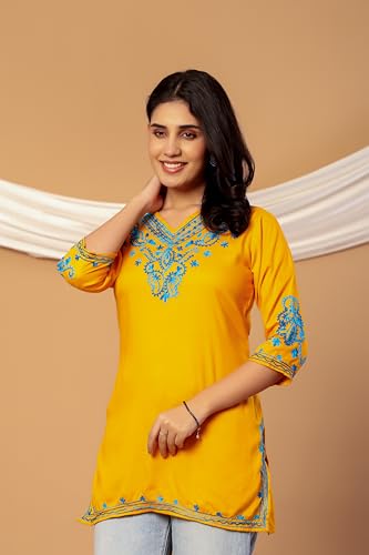 Image of Rayon Kashmiri Embroidered Short Kurti for Women | V-Neck Tunic Top with 3 /4 Sleeves | Floral Design Indo-Western Kurti for Jeans & Leggings