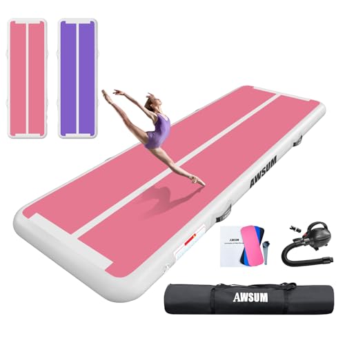AWSUM Air Gymnastics Mat 10ft/13ft/16ft/20ft/23ft Inflatable Track Training mat 4/8 inches Thick tumbling mat with Electric Pump for Home/Gym/Outdoor Purple/Pink