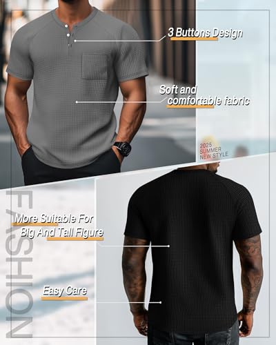 3 Pack Men's Big and Tall Waffle Henley T-Shirts, Raglan Short Sleeve Button Oversized Tops Basic Tees with Pocket 6