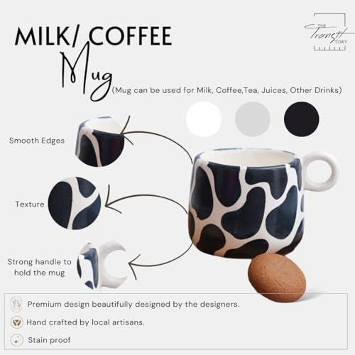 Image of Ceramic Coffee Mug Set of 2 | Unique Black & White Cow Print Design | Modern Stoneware Tea & Milk Cups with Round Loop Handle | Microwave & Dishwasher Safe Mugs | Black & White
