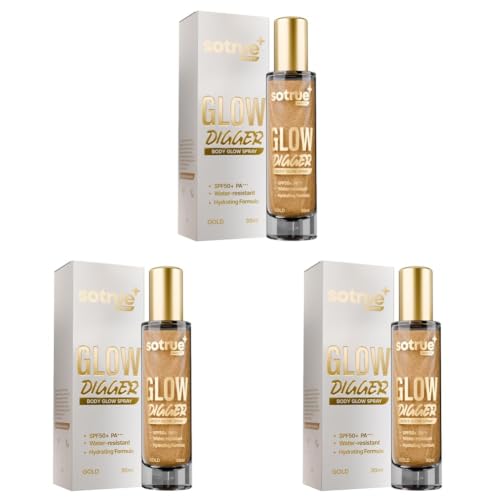 Image of Sotrue Glow Digger Body Glow Spray | Pearlescent Gold Shimmer Mist for Radiant Skin | Lightweight, Waterproof & Non-Greasy Body Highlighter | Hydrating Body Makeup for Women (Pack of 3)