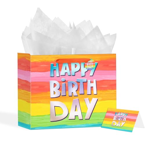 Image of Powbrace 13 inch Colorful Happy Birthday Gift Bags with with Tissue Paper and Greeting Card for Party,Happy Birthday Gift Bag for Men Women,Gift Bags Medium size (1 PCS Colorful)