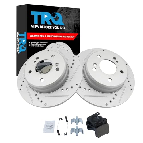 Image of TRQ Performance Rear Brake Pad and Rotor Set Ceramic Coated Drilled Slotted Compatible with 1999 Mercedes-Benz E300
