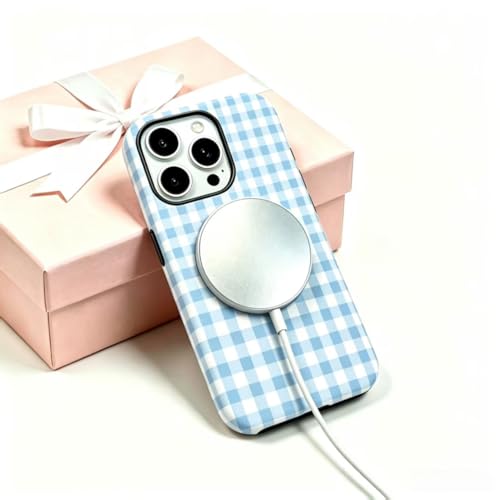 Image of for iPhone 13 /14 Case Cute Phone Case,Compatible with MagSafe,Dual Layer Shockproof Protective Phone Cover,Hard Shell + Silicone Cover,Fashion Design for Women Girls,Blue and White Plaid