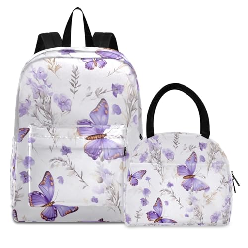 School Bags, Floral Butterfly Lavender Purple Waterproof Lunch Bag, Backpacks for Middle School Students