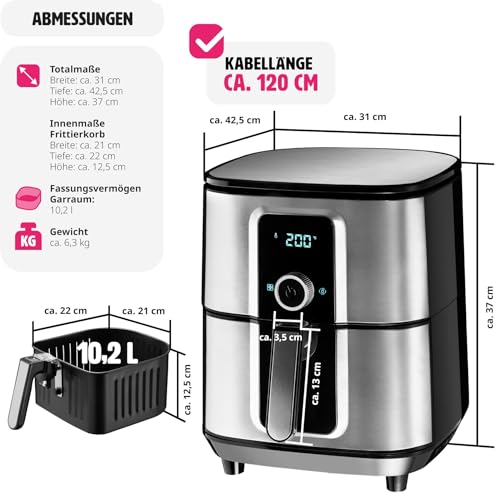 tectake® Heißluftfritteuse XXL -90% weniger Öl, 10,2l Fassungsvermögen, Touchscreen-Display, Airfryer mit 8 Programmen, Heissluftfritteuse ohne Fett und Öl, Zubehör Rezeptheft - silber – Bild 4