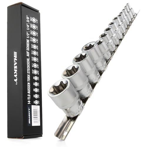 HASKYY Torx Nuss Set 14tlg E-Profil Außentorx Stecknüsse Steckschlüssel Satz E4-E24 1/4 3/8 1/2 Zoll Steckschlüsseleinsätze Innenvierkant auf Schiene