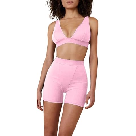 Ducomi Kye Women's Gym Set - Fitness Set, Yoga, Pilates Women - Basic Lounge Ribbed Set Composed of Cycling Shorts and Neckline Bra, Lightweight and Breathable, pink, L Cover