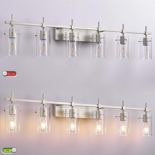 Image of SOLFART 49.2 inch 6 Lights Vanity Light fixtures for Bathroom Vintage Bathroom Light Fixture Brushed Nickel Light Fixtures Above Mirror with Glass Shade (Exclude Bulb)