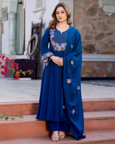 Image of KLOSIA Women's Embroidered A-Line Kurta Set with Dupatta | Floral Embroidery Ethnic Suit Set | Kurta Pant Set for Women | Festive, Wedding