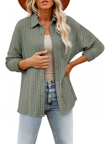 SHEWIN Womens Ribbed Knit Shacket Jacket Casual Long Sleeve Button Down Shirts Loose Sweater Tops Dressy Blouses with Pocket
