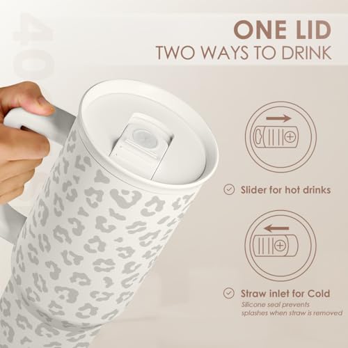 Image of SANDJEST Leopard Tumbler with Handle, Insulated Cup Stainless Steel Travel Mug Cup, Gifts for Women Girl on Birthday Christmas, Cream Leopard, 40oz