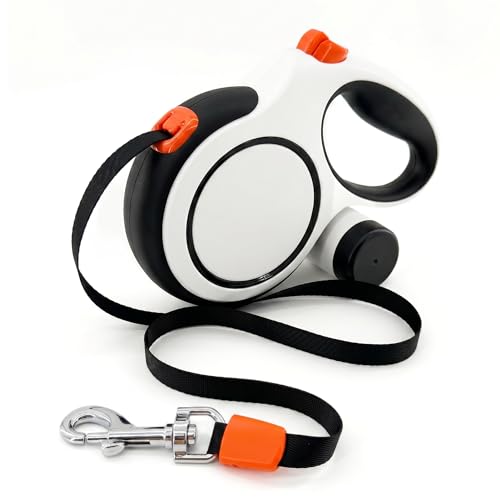 TailyWags 16ft Retractable Dog Leash for Medium Dogs up to 66 lbs with Waste Bag Dispenser 5m Heavy Duty Nylon Tape 360 Tangle-Free One-Handed Brake & Lock Anti-Slip ABS Handle (16FT-White)