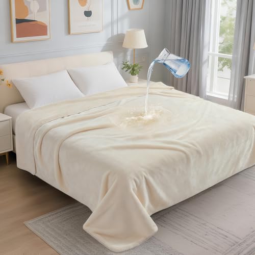 Image of LOOBANI Waterproof Blanket for Bed: Reversible Soft Flannel King Size Bed Blanket 85 inch x 108 inch, Waterproof Dog Blankets for Large Dogs, Spill-Proof Cover for Furniture Protection, Movie Time, Beige
