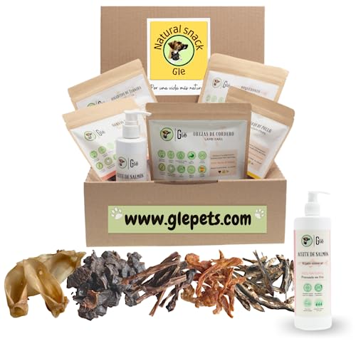 GLE - Pack de Snacks para Perros Naturales y Aceite de Salmón Perros (250 ml) - Premios para Perros, Chuches Perro - Caja Regalo Perros Cumpleaños - 5 Bolsas Recompensas Naturales Dieta Barf