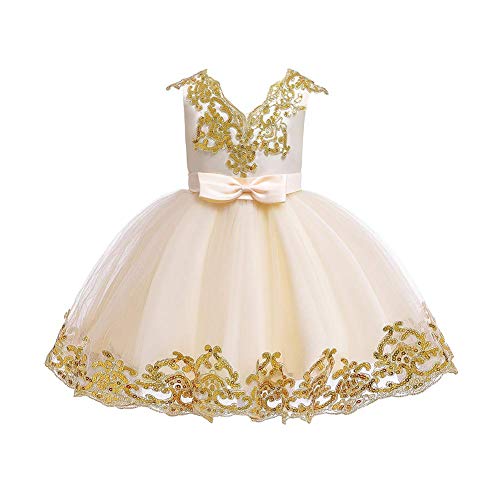 Flower Girl Dress Toddler Kids Baby Girls Shiny Sequin Bowknot Tutu Tulle Princess Dresses Birthday Party Pageant Wedding Bridesmaid Formal Evening Sundress Baptism Clothes Gift Champagne 5-6T