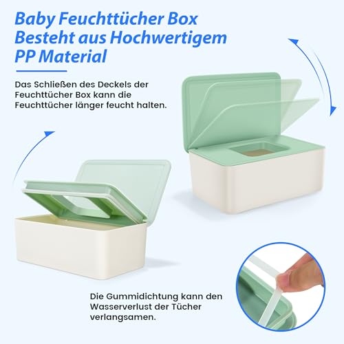Feuchttücher Box mit Deckel, Feuchttücher Box Baby Feuchttücher Spender, Wasserdichte und Versiegelte Aufbewahrungsbox Feuchttuchspender für Badezimmer, Küche, Grün