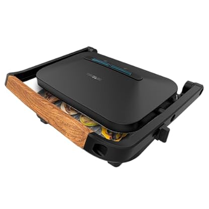 Cecotec Elektrischer Grill Rock'Ngrill 1300 Wood B. Leistung von 1300W, schwarzes Design, Rockstone-Beschichtung, rutschfeste Basis, schwebende Platte, Leuchtanzeige, Holzgriff, Vielseitigkeit.