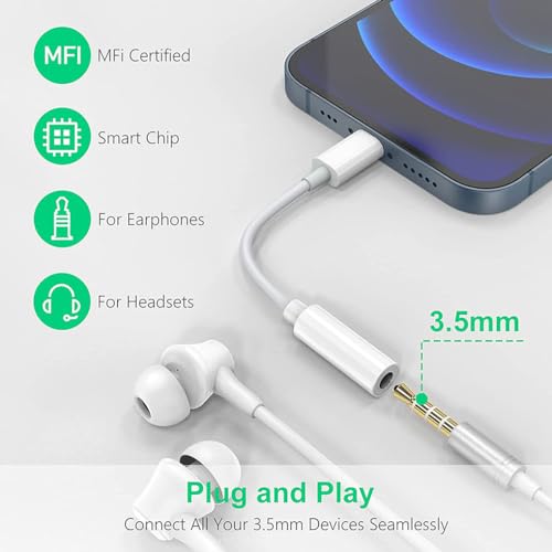 fabcords Lightning to 3.5mm for iphone Adapter Headphone Jack Dongle for iphone with Aux Cord Audio Cable Accessories Compatible with iphone 14 13 12 11 X Xs 8 7（3 Pack） - Thumbnail 2