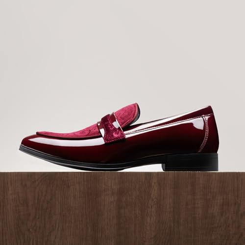 Bruno Marc Men's Tuxedo Patent Loafers Classic Velvet Slip-on Dress Shoes,Size 8,Burgundy,SBLS2407M