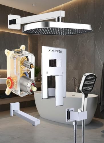 Image of X-XONIER Modern Bathroom Brass Concealed Shower System Body High Flow 3 Ways Diverter Full Set, 33x23 cm Rainfall Head with 3 ways Hand Shower and Tub Spout, Chrome