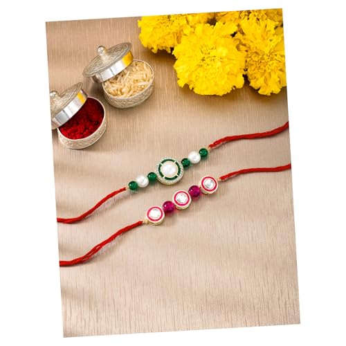 Image of Peora Rakhshabandhan Thread Rakhi for Brother Bhaiya | Kundan Beads & Crystal Studded | Combo Set of 2 | Rakhi Hamper Roli Chawal & Greeting Card
