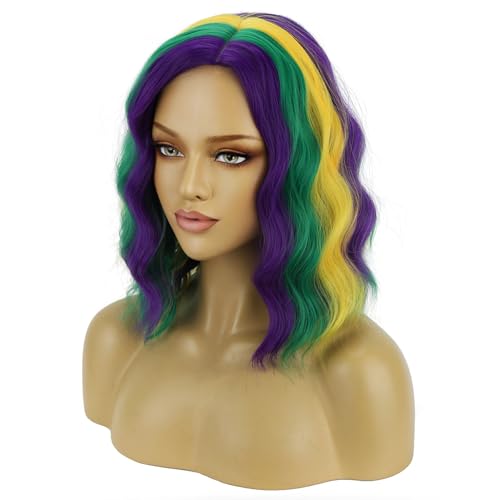 Image of BERON Mardi Gras Wigs for Womens Girls MardiGras Costume Cosplay Purple Green and Yellow Colored Side Part Wigs Shoulder Length Mardi Gras Cosplay Party Wig