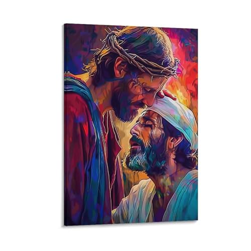 Jesus Embracing A Man in Colorful Religious Art Poster Decorative