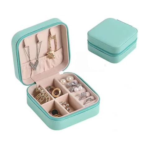 Portable Jewellery Box, Mini Travel Storage Case, Light Jewelry Organizer, PU Leather Collection Holder for Necklace and Earring, Rigns Case, Macaron Blue Cover
