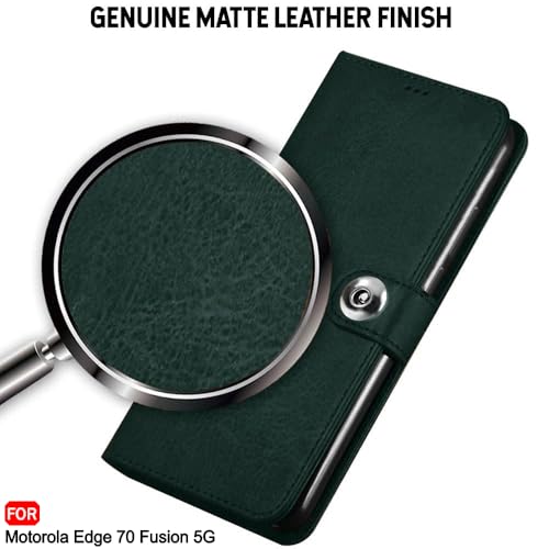 Image of TheGiftKart Flip Cover Back Case for Motorola Moto Edge 70 Fusion 5G | Genuine Leather Finish | Designer Button | Inbuilt Pockets & Stand | Wallet Style Flip Back Cover Case (Faux Leather, Green)