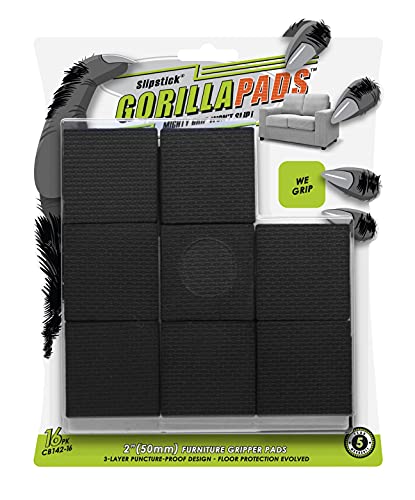 GorillaPads Non Slip Furniture Pads/Floor Gripping Pads (Set of 16 Grips) 2 Inch Square Floor Protectors for Under Furniture, Black, CB142-16