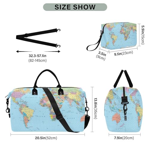 OTVEE Travel Bag Set Colored World Map Quilted Gym Duffel Bag Overnight Weekender Bags3