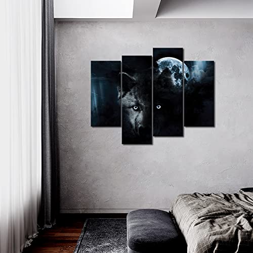 4 Panel Wall Art Black Wolf And Full Moon Painting The Picture Print On Canvas Animal Pictures For Home Decor Decoration Gift Piece (Stretched By Wooden Frame,Ready To Hang) #TOP1
