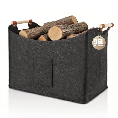 Faltbarer Holzkorb für Kaminholz 96L,Kaminholzkorb,Feuerholzkorb,Korb für Kaminholz, Brennholzkorb Filzkorb extra dicker Filz,Holzkorb für Kaminholz,verstärkter Griff -1 Pack Dunkelgrau