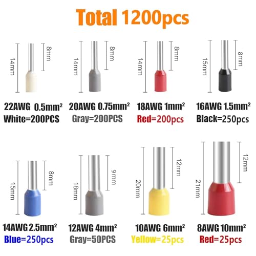 Image of 1200-pcs wire ferrule crimp connector assortment kit, insulated copper ferrules for secure electrical connections, crimping ferrules for electrical wiring, wire jointer kit (Multicolor)