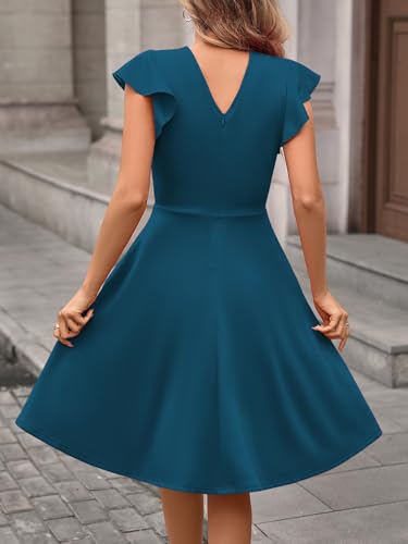 Image of MSLG Women's Fit and Flare Ruffle Short Sleeves Dresses Work V-Back Cocktail Semi Formal A Line Dress with Pockets 842