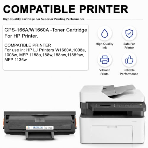 Image of GPS 166A Toner Cartridge Compatible for HP Laser 1008a, 1008w, MFP 1188a, MFP 1188w, MFP 1188fnw, MFP 1188nw | W1660A Black | Pack of 1