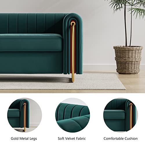 Image of Dolonm Modern Velvet Sofa for Living Room, 84 Inches Long Upholstered Sofa Couch with High Armrest and Metal Legs Decor Furniture for Bedroom, Office (Green)