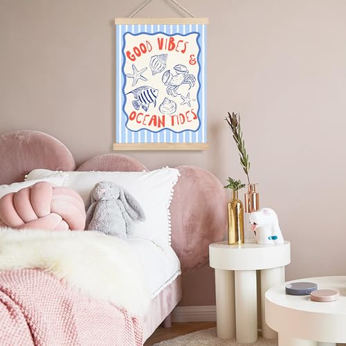 Image of PQKIY Coastal Summer Wall Art Poster Hanger Frame 12x16 in, Trendy Blue Striped Ocean Beach Sea Life Crab Starfish Fish Wall Decor Canvas Prints for Beach House Room Home Bedroom